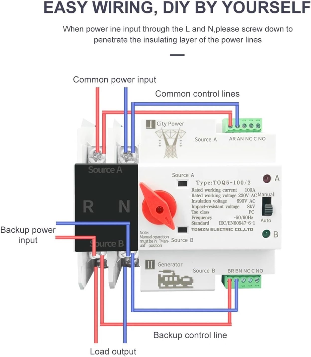 Single Phase Din Rail ATS 220V Dual Power Automatic Transfer Electrical Selector Switches Uninterrupted 2P 63A 100A 125A 1Pcs(63A,110V)