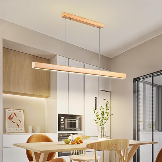 Aleaty Lineaire led-hanglamp voor eetkamer van hout, moderne dimbare eetkamerlamp met afstandsbediening, keukenlamp, in hoogte verstelbaar, houten lamp voor eetkamer, woonkamer, keuken (hout, lengte photo 2
