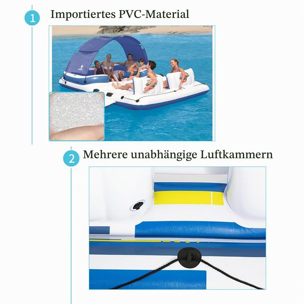 Aufblasbare Insel, aufblasbarer Schwimmer für den Pool, schwimmende Reihe für 6–8 Personen, große schwimmende Insel für mehrere Personen mit Sonnenschirm, für Erwachsene, Kinder, Wasserurlaub, Party