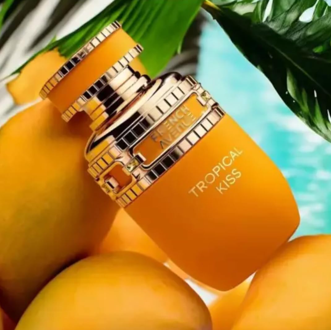 Perfume Tropical Kiss Eau de Parfum 80 ml, Perfume Árabe para Mujer de Larga Duración, Incluye Atomizador Recargable 5 ml, Fragancia Floral Frutal con Notas de Mango Coco y Vainilla (Tropical Kiss)