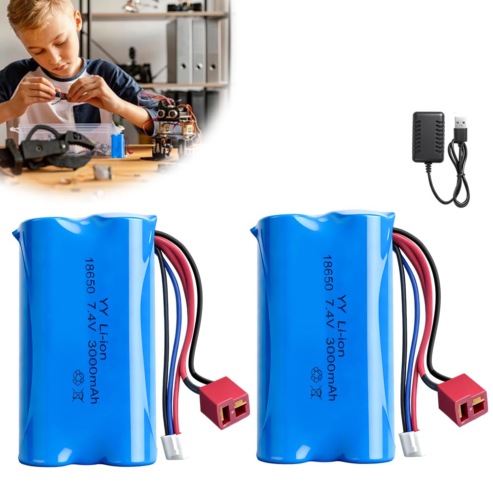 2 batterie ricaricabili agli ioni di litio 18650 da 7,4 V, 3000 mAh, con spina Deans T e caricatore USB, batteria agli ioni di litio 18650 per auto RC, barche, carri armati, robot