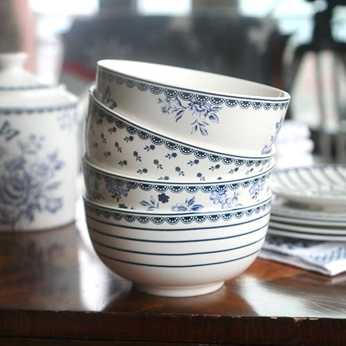 Miniatura 4 de STPGoods Cereal Bowls Set of 4 - Porcelain Oatmeal Bowls, 21 Ounce Stackable Kitchen Set of Bowls, Blue Floral Round Bowl for Salad, Soup, Microwave