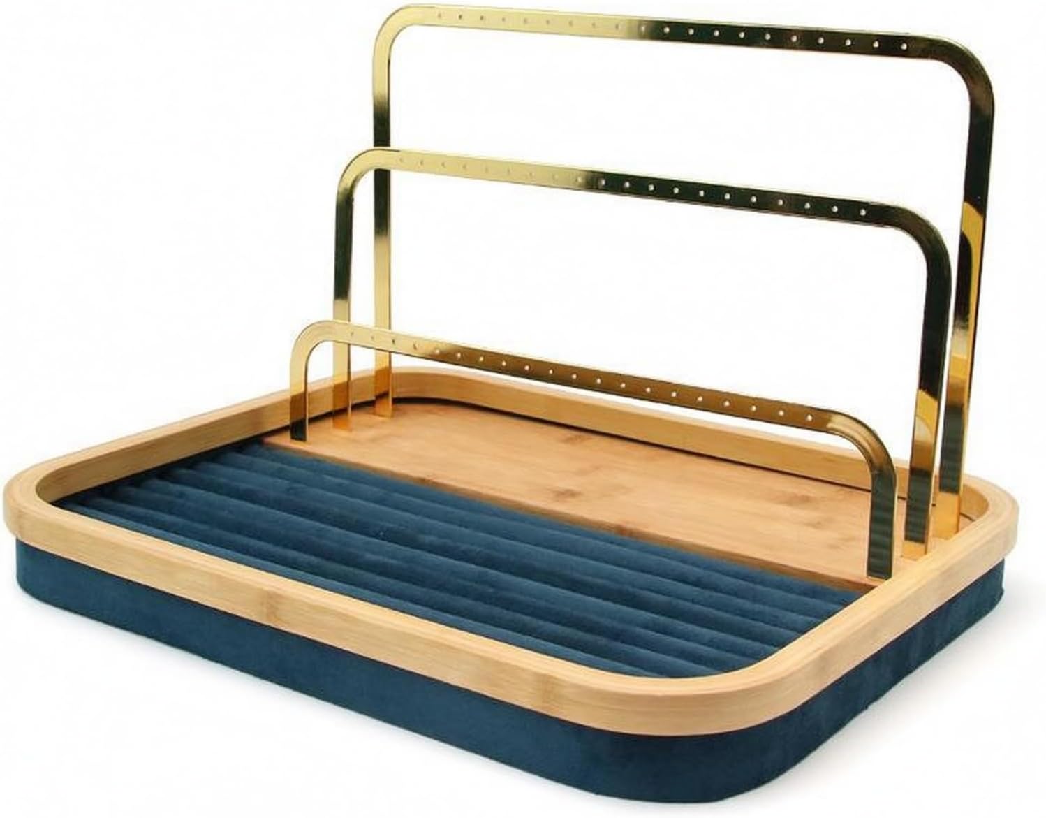 Jewelry Display Stand Earring Rack Necklace Holder Bracelet Organizer Tray Built With Rectangular Bamboo Base And Rounded Corners Plus Velvet Surface
