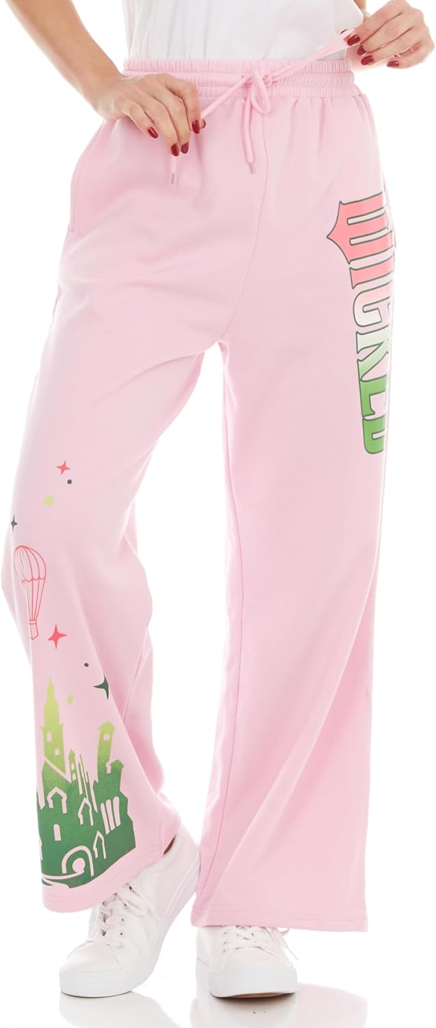 Wicked Womens Wicked Glinda & Elphaba Women’s, Ladies & Juniors Pink Wide-Leg Jogger Fleece Pant - Image 9