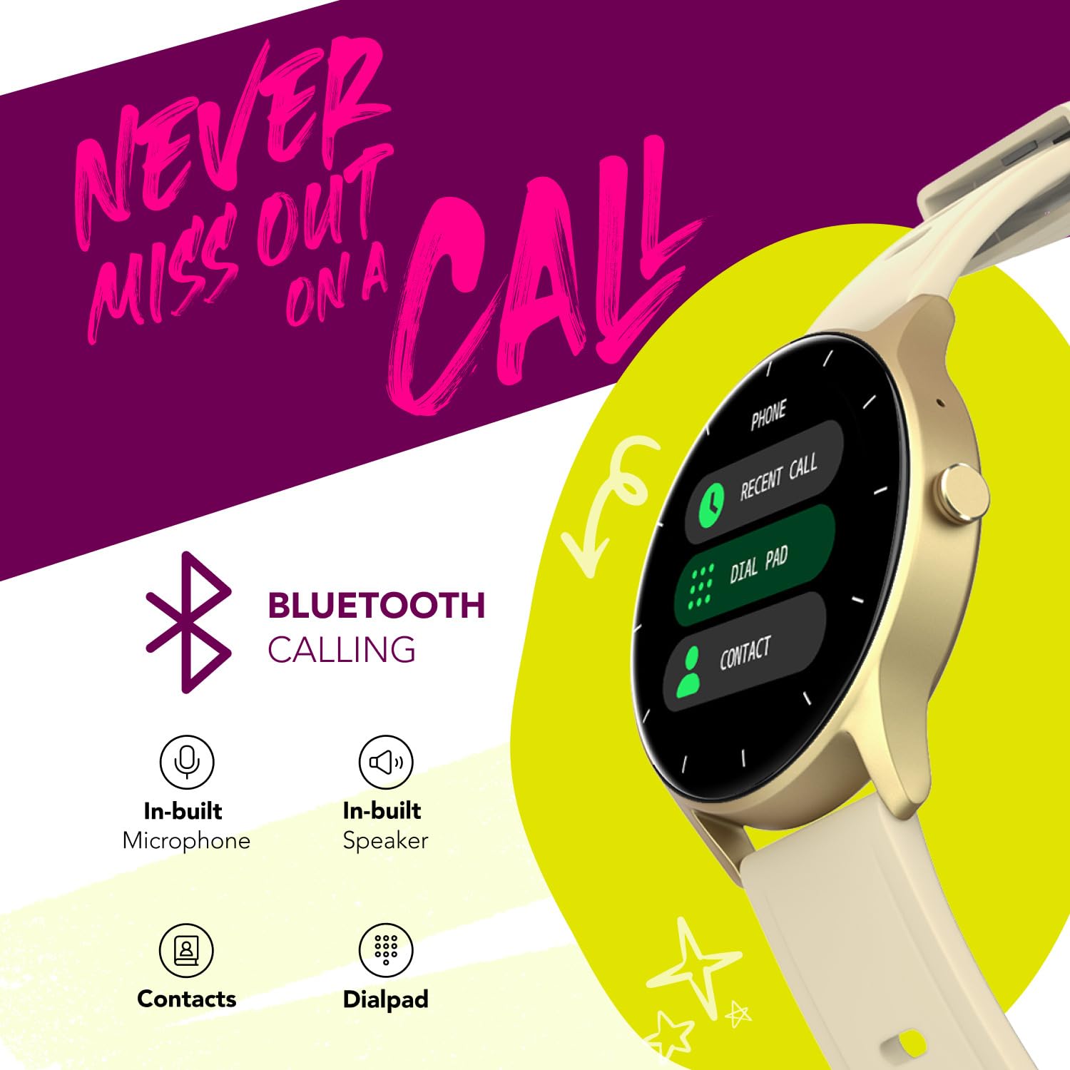 Noise Alt Vibe Lite Smartwatch showing Bluetooth calling interface with options for recent calls, dialpad, and contacts