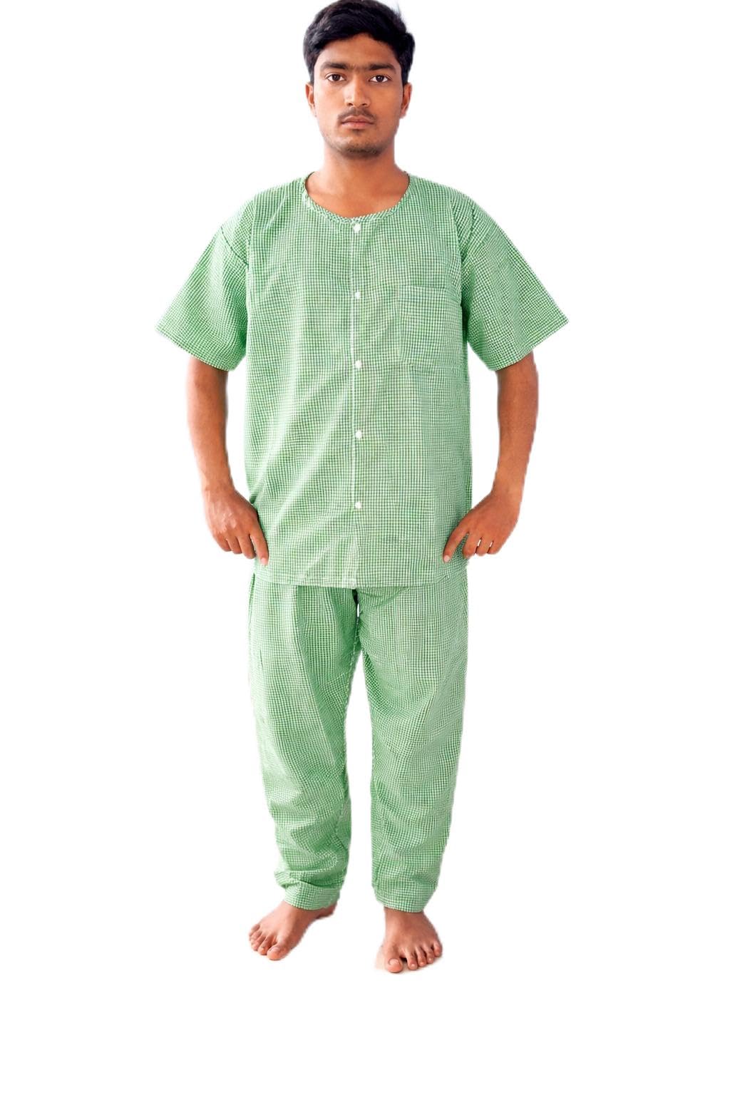 Men's Green Check Cotton Pyjama Set, Short Sleeve Top with Pant, Casual Loungewear-image-12