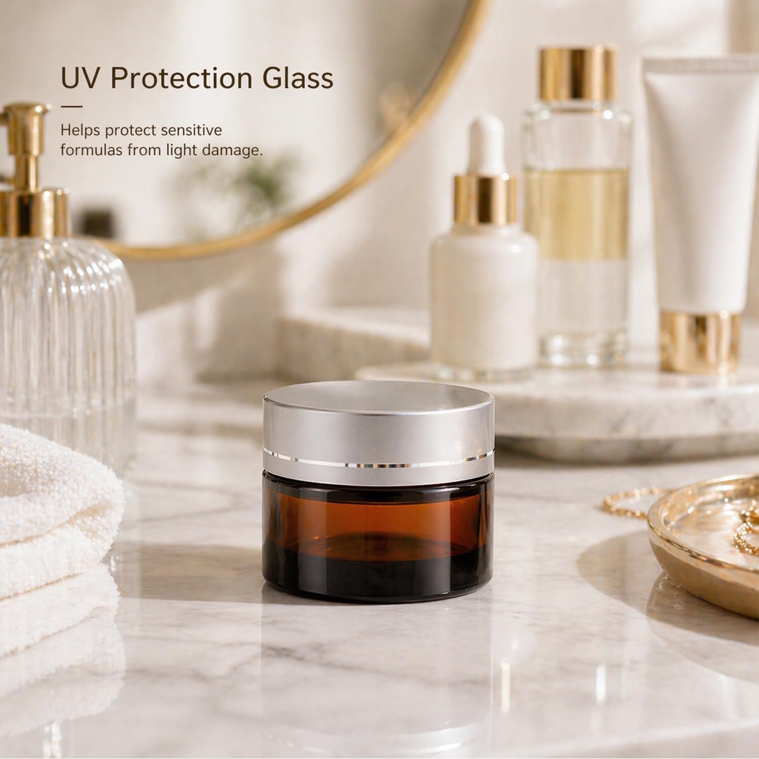 4 Packs 15g/0.5Oz Amber Glass Cosmetic Jars with Silver Lids Travel Makeup Storage Empty Cream Containers Refillable Face Cream Jar for Lotion, Balm, Salve