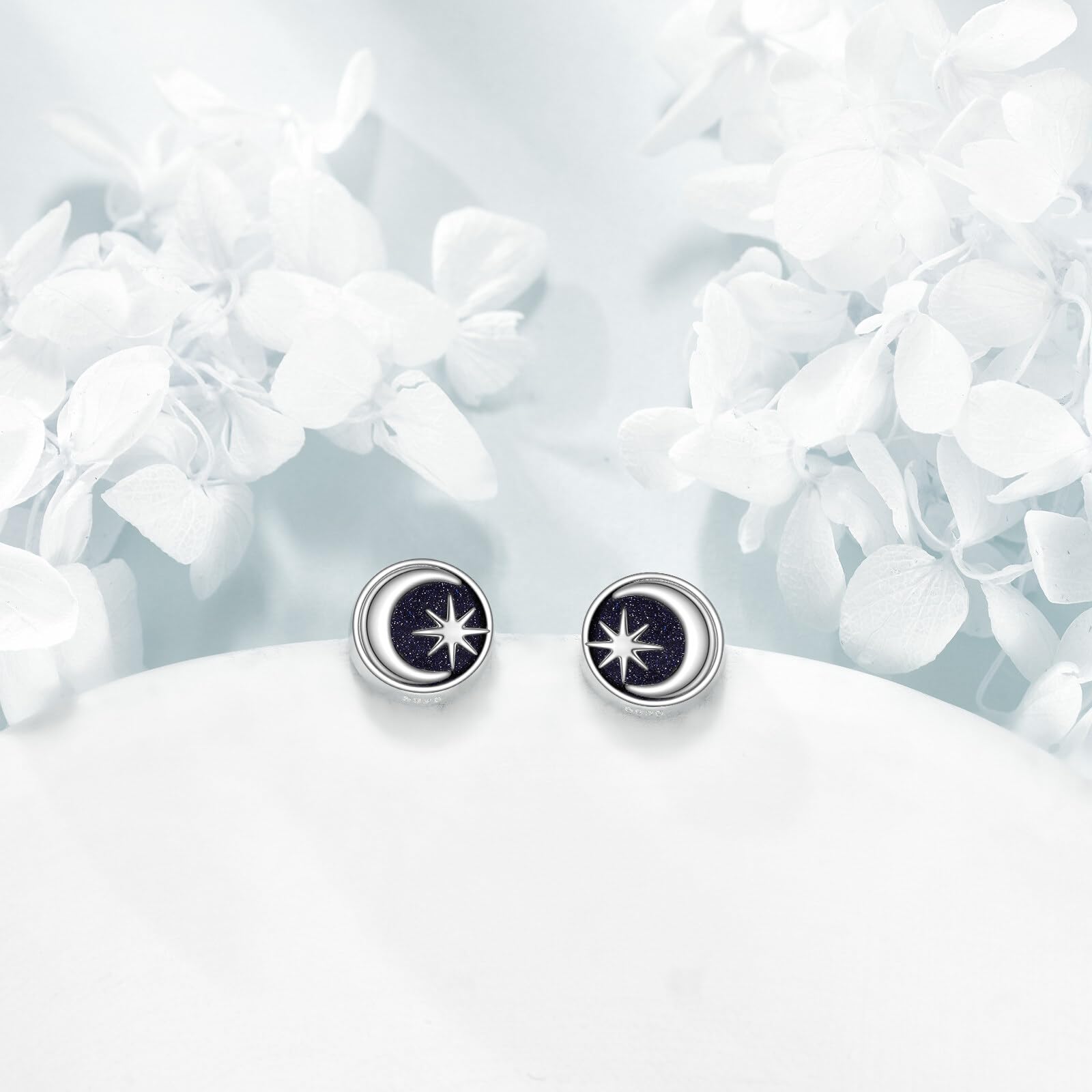VONALA Pendientes de tuerca pequeños de plata de ley 925 con diseño de sol y luna negra, hipoalergénicos, regalos para familiares y amigas