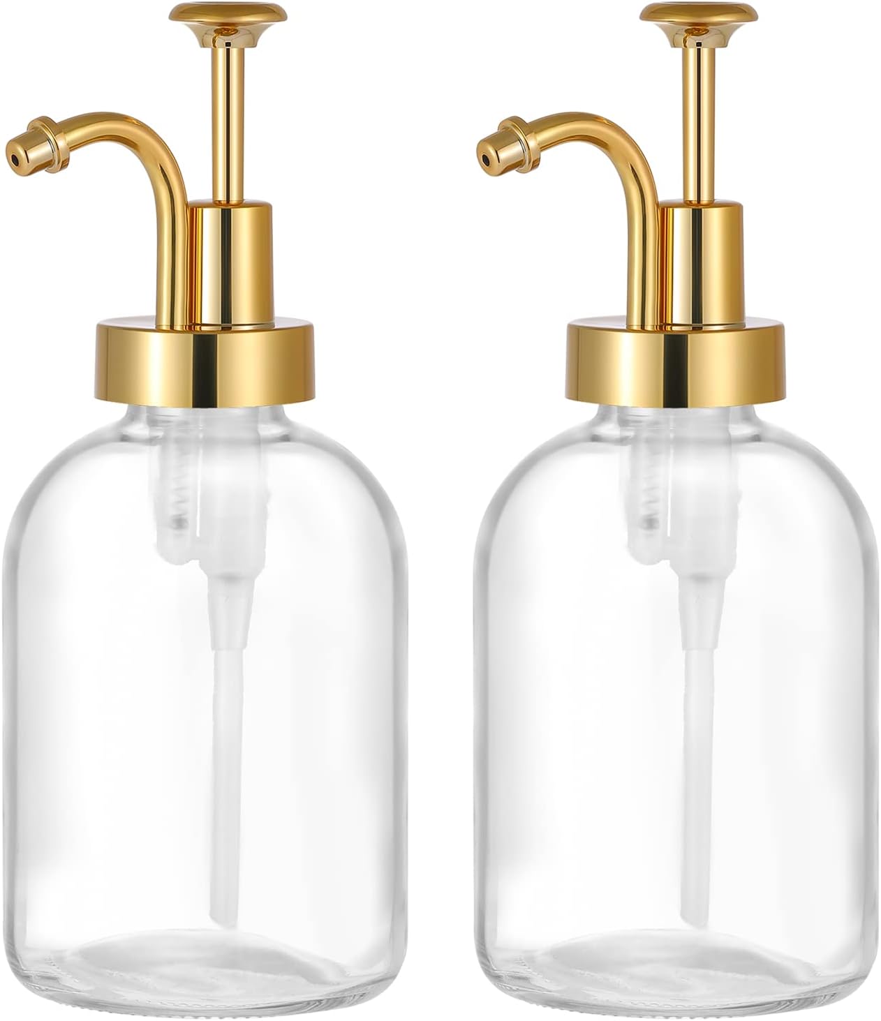2 Pack Thick Clear Glass Jar Soap Dispenser with Gold Pump, 17oz Clear Boston Round Bottles Dispenser, Dish Soap Dispenser Set