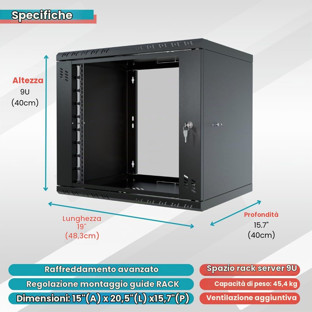Armadio di Rete 19 Pollici - Armadio Rack 9U - Server Rack per Montaggio a Parete - Capacità di Carico 45 kg - Profondità 350 mm - Rack 19 Pollici - Nero