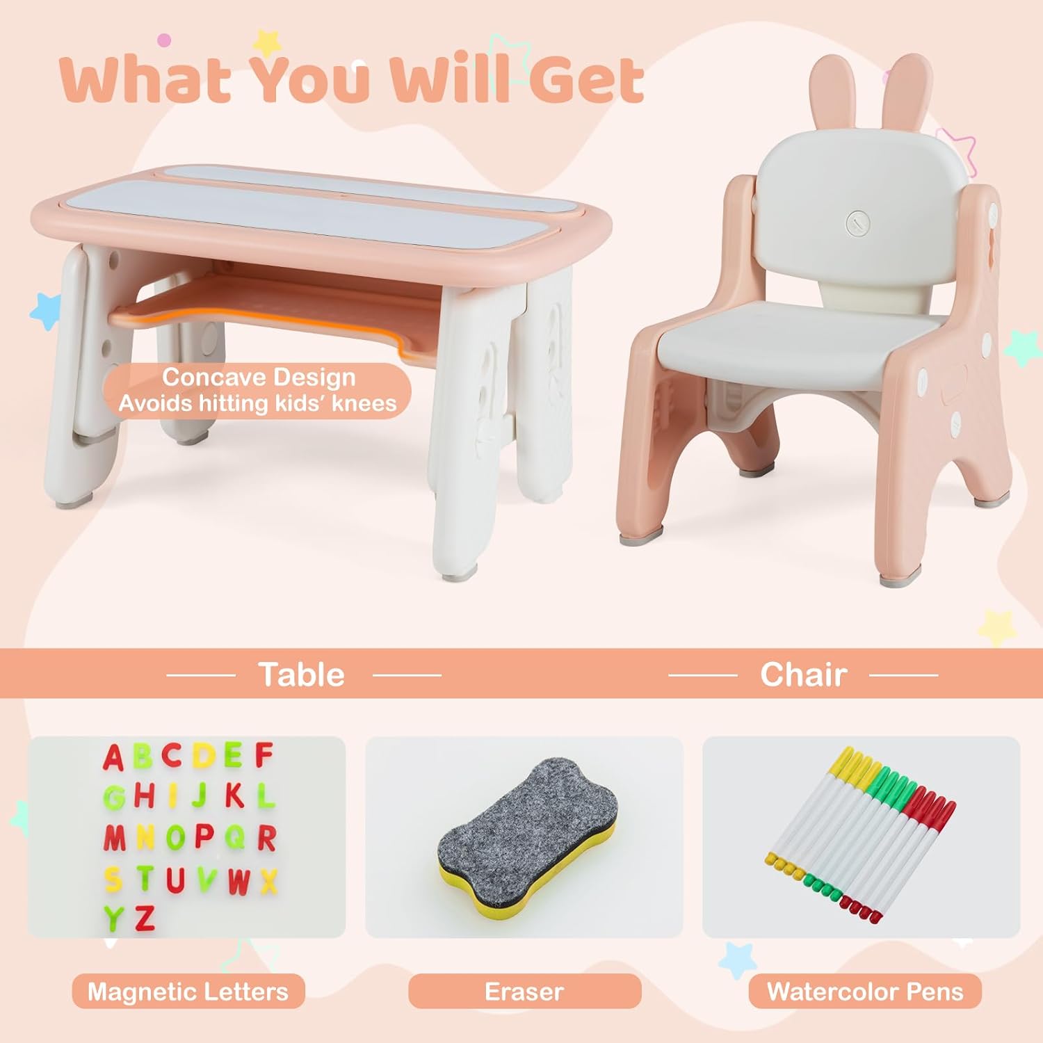 Costzon Kids Table and Chair Set, Graffiti Activity Table w/Flip-Top Tabletop Bookshelf, Erasable Magnetic Drawing Board, Storage, Adjustable Height for Drawing, Toddlers Art Table & Chair (Pink)