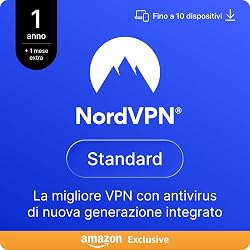 Offerta NordVPN Standard, Esclusiva Amazon, 1 Anno + 1 Mese extra, 10 Dispositivi, Codice Digitale in sconto oggi