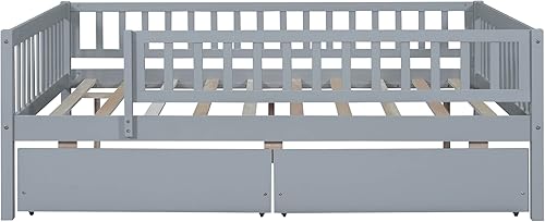 Miniatura 84 de Sofá cama matrimonial con nido de tamaño individual, marco de cama de madera para niños con valla, cama nido para niñas, niños, cama de plataforma