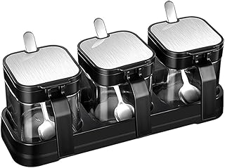 U-HOOME Condiment Jar Spice Container Kit with Rack and Spoons, 3pc Clear Glass Kitchen Spice Pots, Salt Pepper Sugar Storage, Container Condiment Jars, Open Hole Type Open Lid Seasoning Box (Style B)