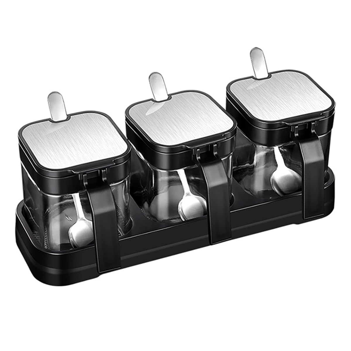 U-HOOME Condiment Jar Spice Container Kit with Rack and Spoons, 3pc Clear Glass Kitchen Spice Pots, Salt Pepper Sugar Storage, Container Condiment Jars, Open Hole Type Open Lid Seasoning Box (Style B)