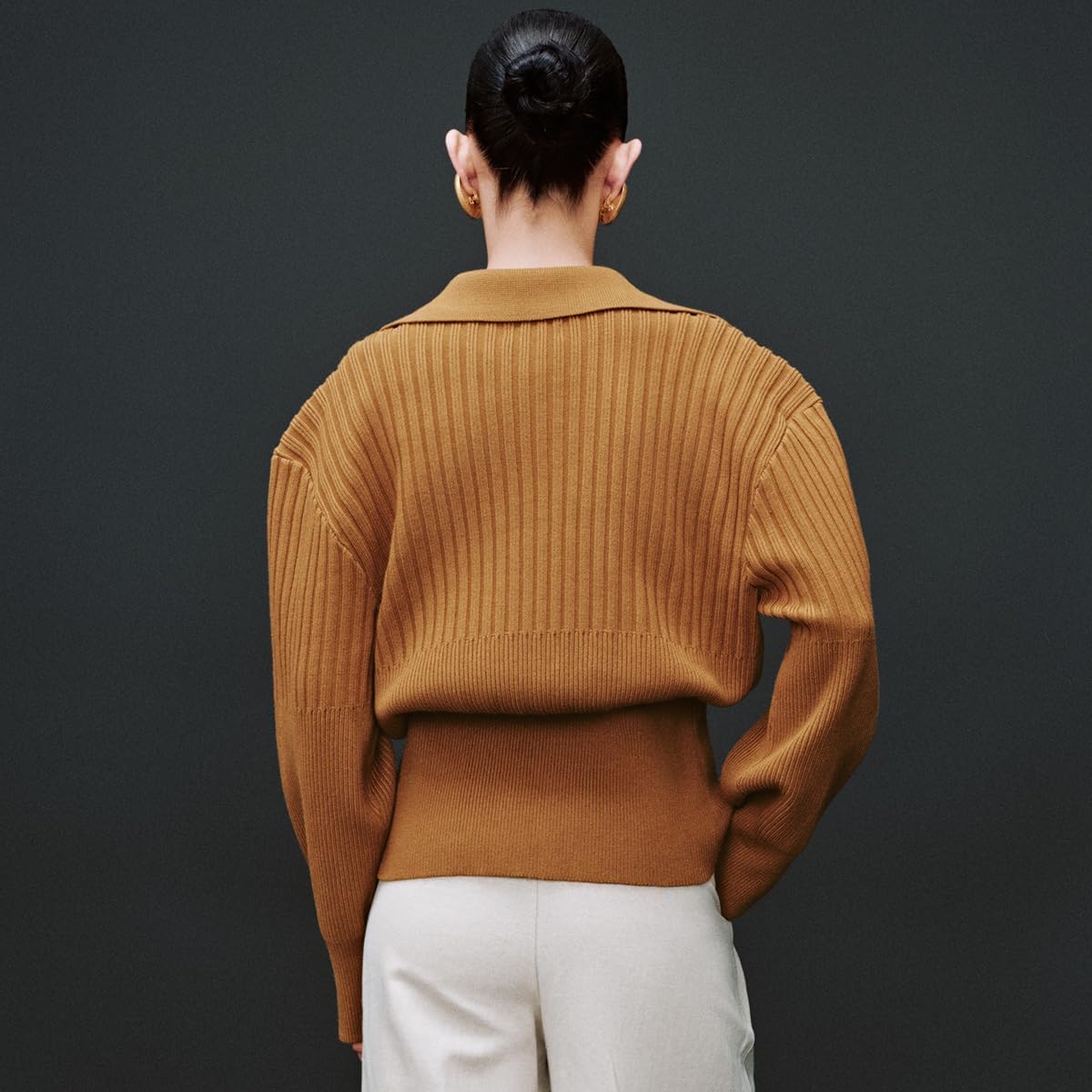 URBAN REVIVO Women's Cardigan V-Neck Lapel Long Sleeve Knitted Cropped Casual Sweater with Metal Button 2025 - Image 2