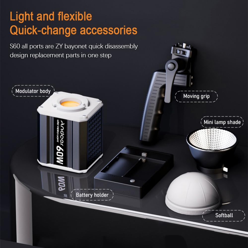 Andoer COB video światło 60 W, przenośne LED fotografia, 2800 K-6800 K, ściemniany LCD ekran, 9 FX, specjalne efekty, wentylator z uchwytem reflektora i zdalny pilot