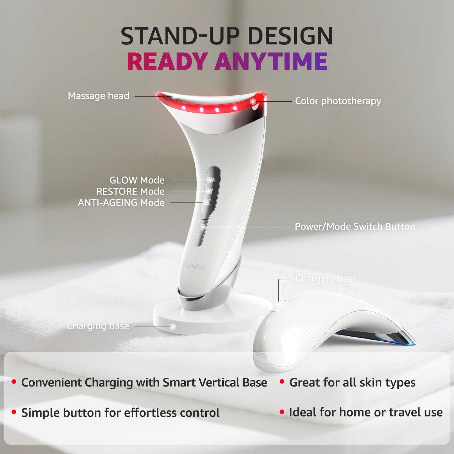 Red Light Therapy for Face and Neck, Renewal Face Lift Device with Vibration Tech, 3 in 1 Face Massager Tool with Thermals, True Beauty Glow Facial Sculptor for Wrinkles, Double Chin (White)