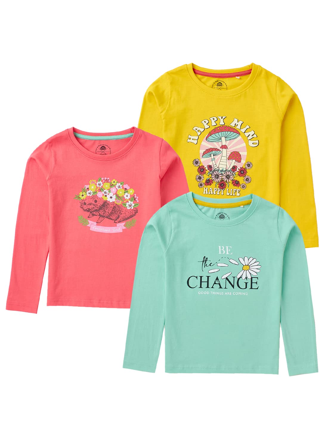 Cub McPaws Girls Pack of 3 T-Shirts | Full Sleeves | 100% Cotton | 4 to 12 Years | Brilliant Basics Range
