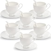 YOUEON Set of 6 Porcelain Cappuccino Cups with Saucers and Spoons, 235 ml White Teacup and Saucer Set with Embossed Pattern, Cappuccino Cups, Coffee Cups, Tea Cup Set for Latte, Cafe Mocha and Tea