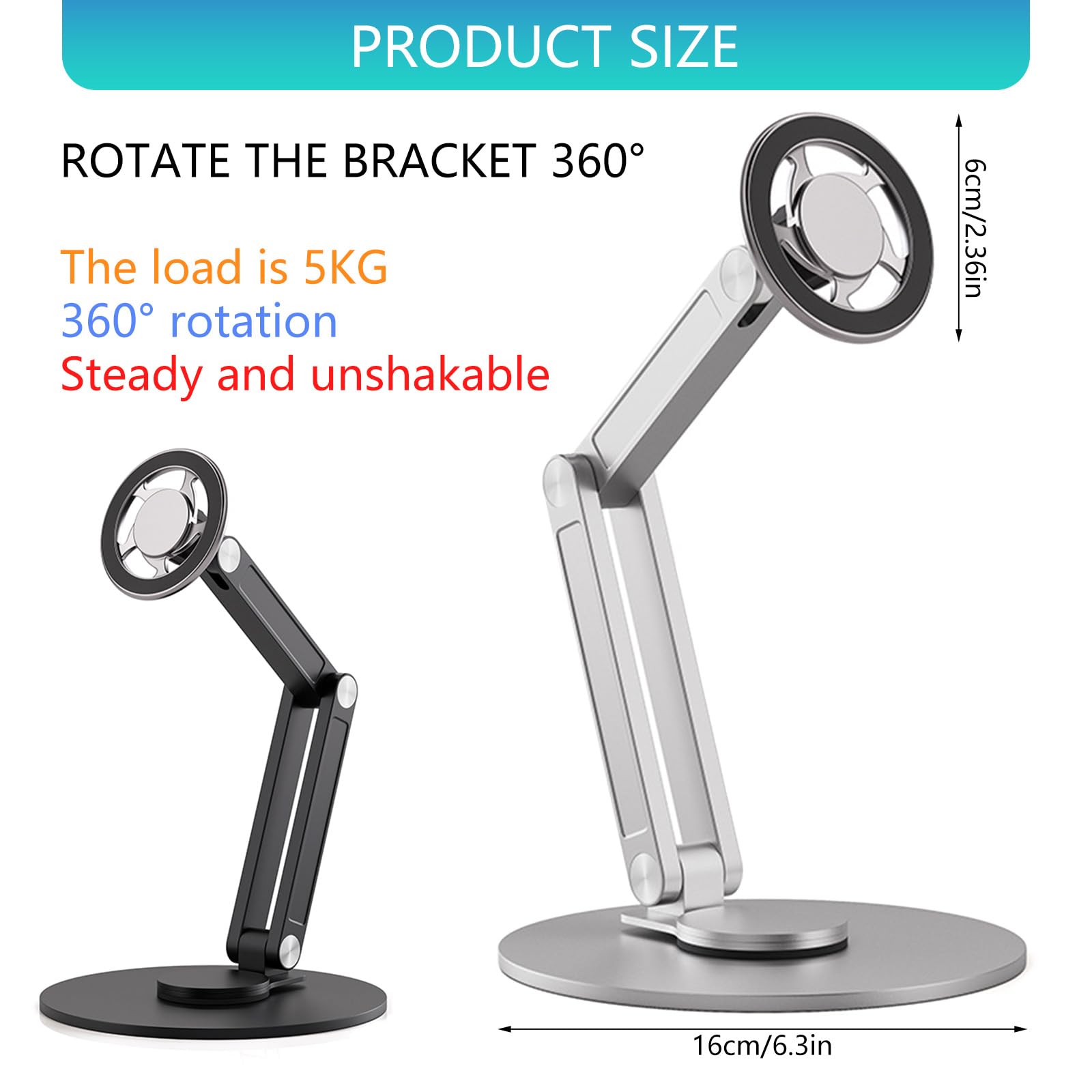 Supporto per telefono in alluminio, girevole a 360°, Silver | Supporto magnetico per telefono in alluminio con regolazione in altezza per tablet e smartphone