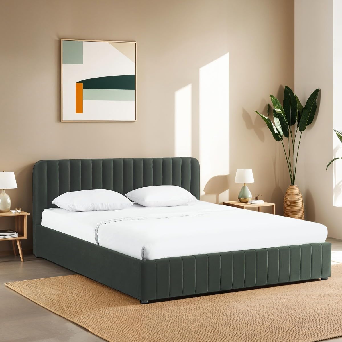 HOMIFAB Ensemble Lit Coffre Adulte 180x200cm avec tête de lit en Velours Vert Kaki - Ava + Matelas mémoire de Forme - Dual Confort