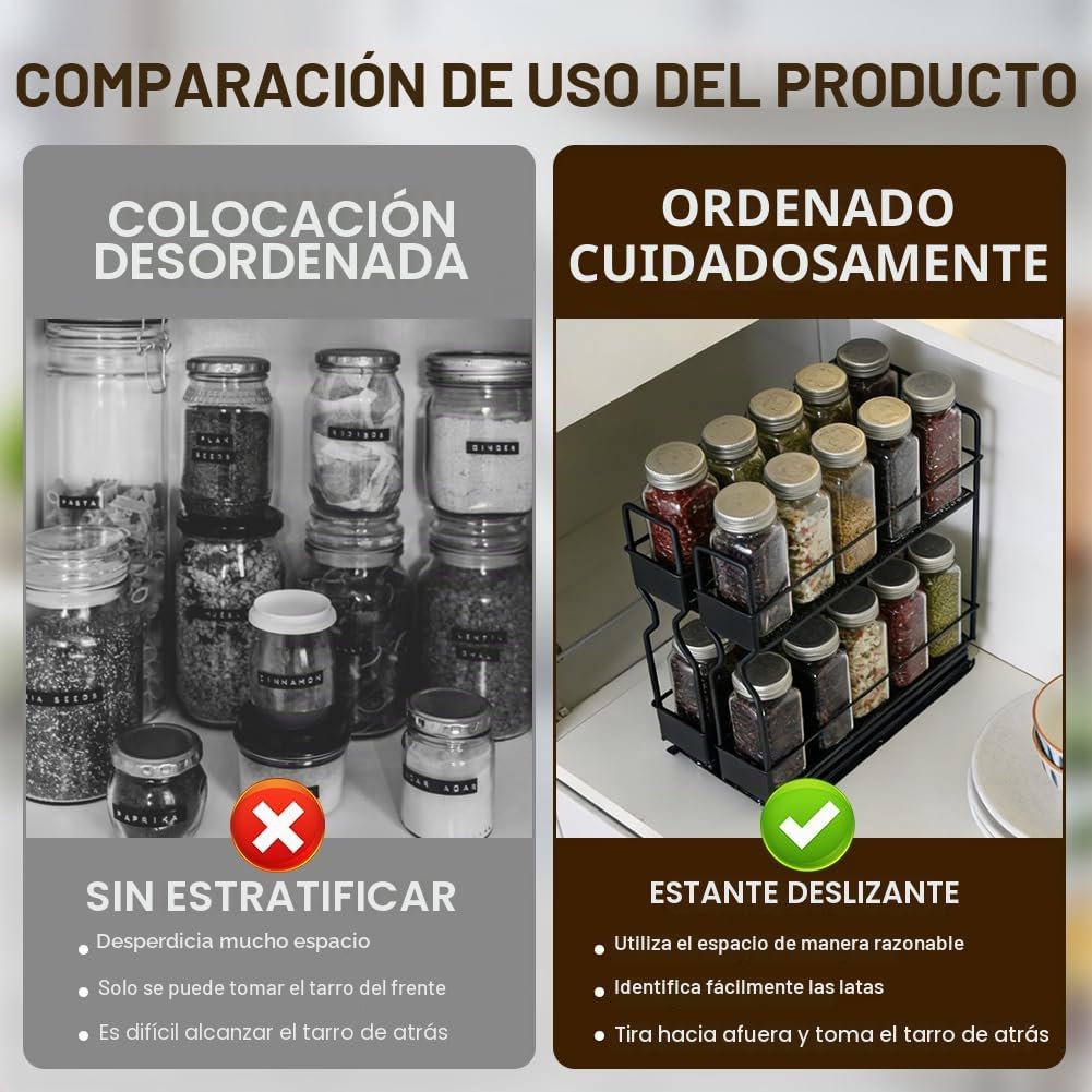 Estantería de dos pisos para especias, extensible, cajón para especias, no requiere montaje ni perforación, construcción de madera natural, diseño de cajones de varios niveles para uno (acero
