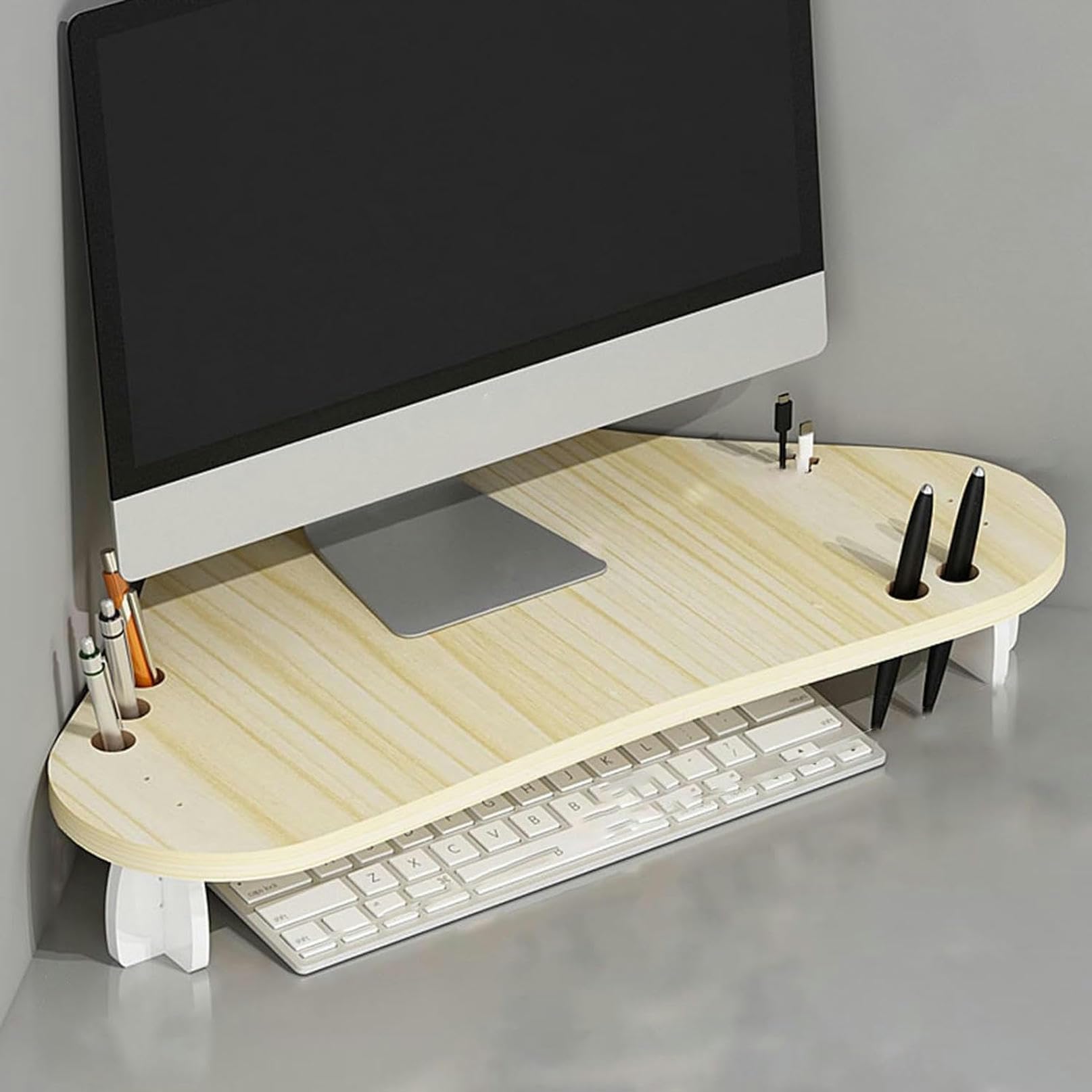 SDGcfgjW corner desks， Corner Monitor Stand Laptop Riser Office Storage Rack with Pen Holder, Space Saving Desktop Shelf Screen(Natural)