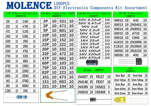 Molence DIY Electronics Components Kit Assortment 1200PCS, Diode, Triode, Metal Film Resistance, Aluminum Electrolytic Capacitor, Ceramic Chip Capacitor for Arduino UNO MEGA2560 Raspberry Pi MCU - Thumbnail 7