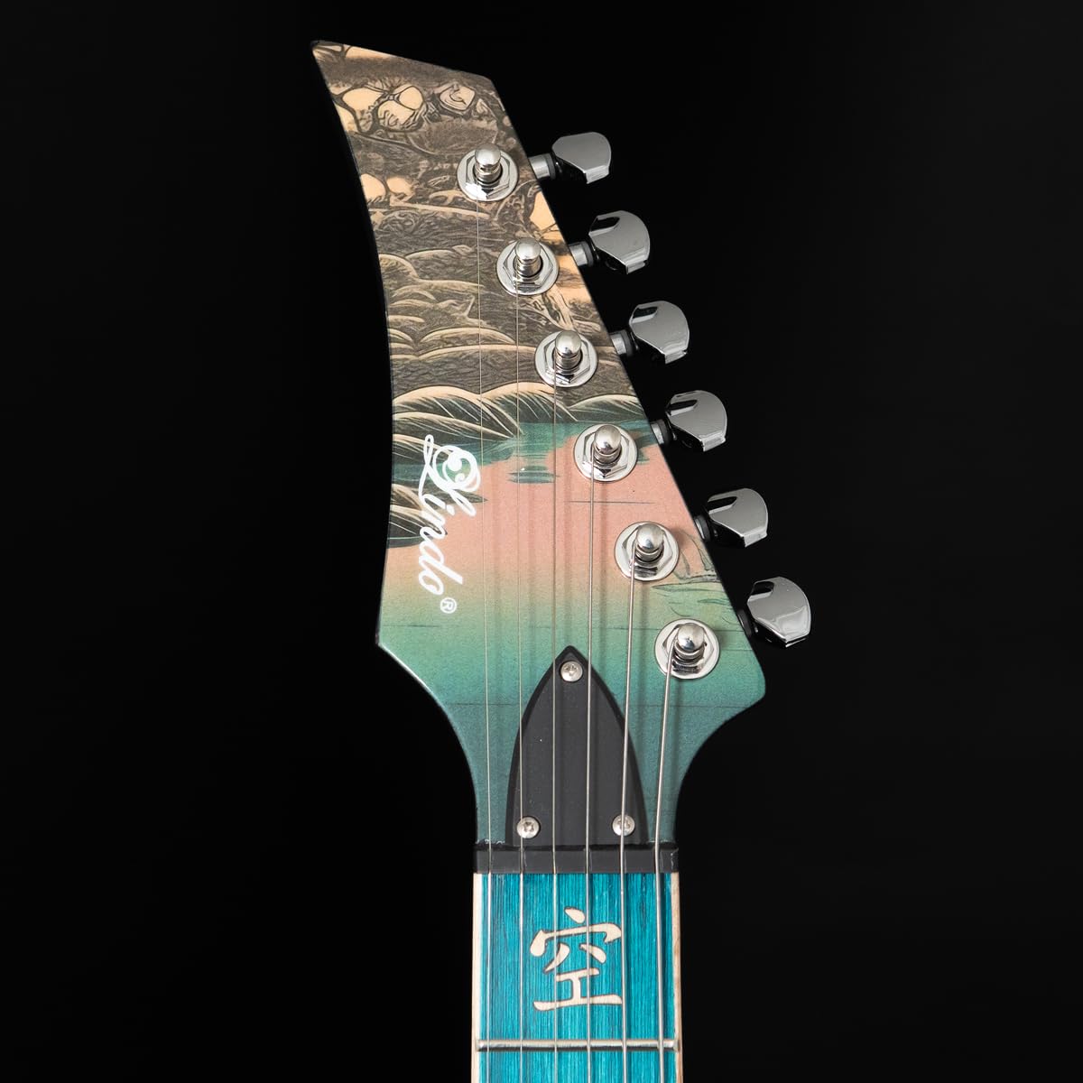 Lindo Chitarra elettrica Koya per mancini, manico composito, intarsi luminosi, finitura artistica grafica giapponese Wilderness