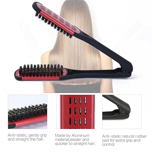 Miniatura 2 de Cepillo de pelo con abrazadera de cerdas de jabalí, enderezadora de cerámica de doble cara con abrazadera, desenredar y peinar el cabello