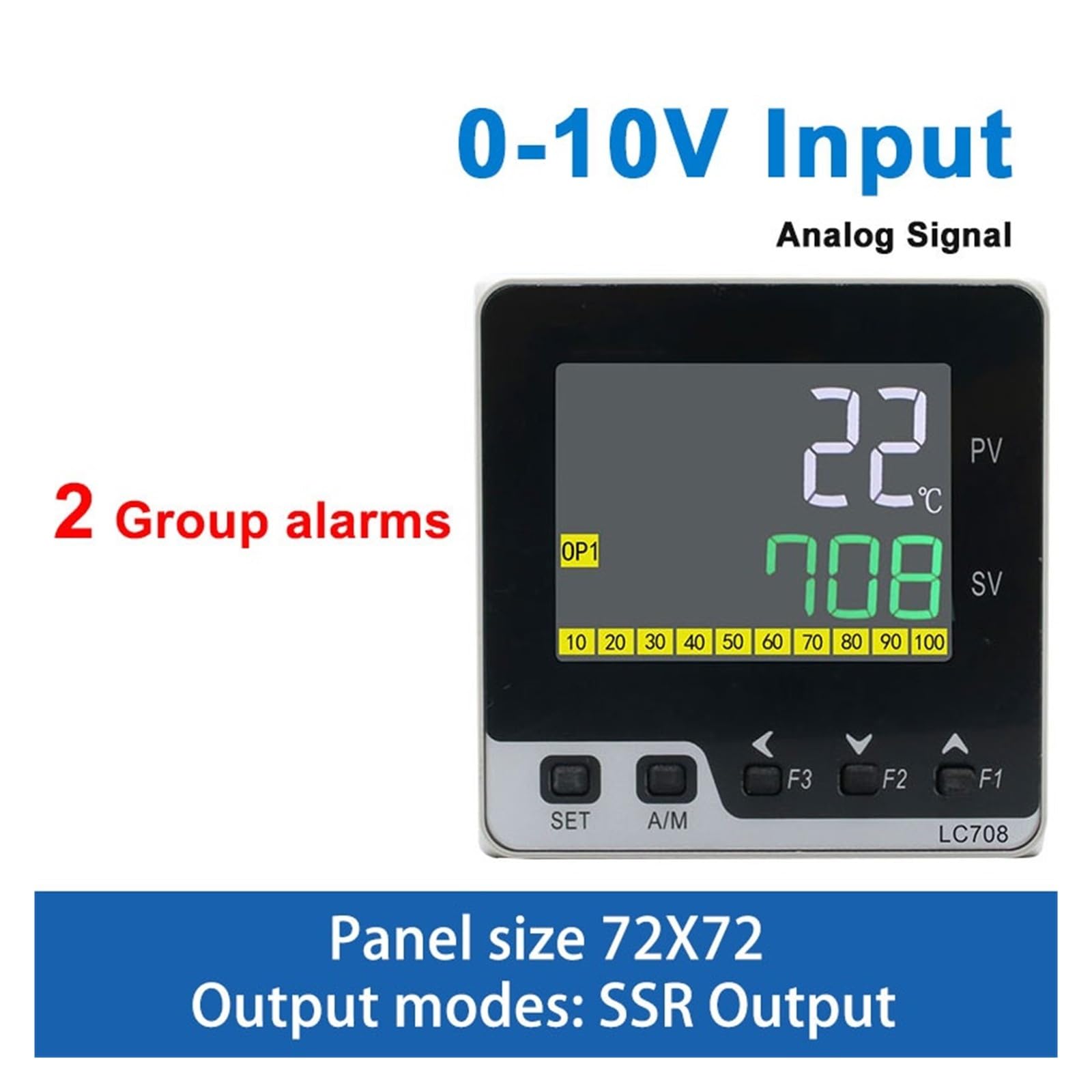 Controlador de temperatura, Controlador de temperatura digital PID, entrada 0-10 V, relé SSR, 4-20 mA, salida 0-10 V, RS485 Modbus, 72 x 72 mm, LC708(Ssr Out 2alarms)