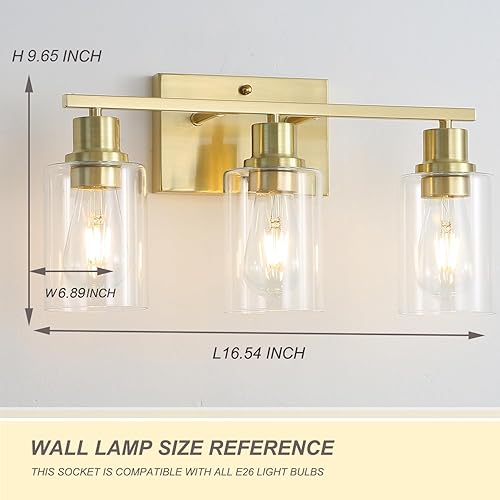 Miniatura 2 de Lámparas de pared modernas de 3 luces doradas para tocador de baño, luces de pared de latón cepillado con pantallas de vidrio transparente,