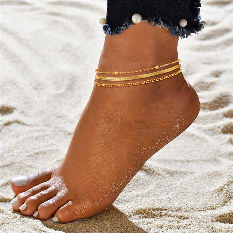 Image of Gold Anklets for Women Waterproof 14k Gold Plated Cuban Link Anklets Non Tarnish Rope Herringbone Ankle Chain Summer Beach Jewelry Gifts for Women