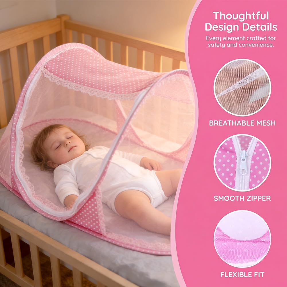 Moustiquaire Pliable, Moustiquaire de Voyage Pop Up avec Fermeture Éclair Répulsif Anti-Moustiques à 360° Tente Moustiquaires sans Installation pour Voyage, Camping, Dortoir, Maison, Pink