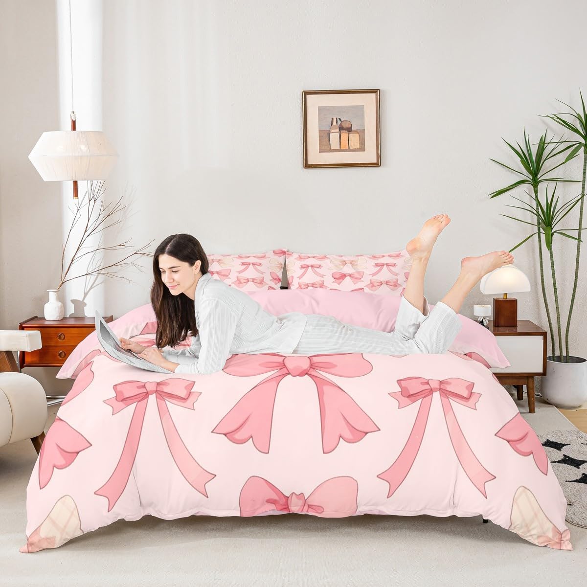 Feelyou Bow Duvet Cover Full Size Watercolor Bow Bedding Set for Boys Girls Dreamy Princess Style Comforter Cover Bedroom Decor 3Pcs