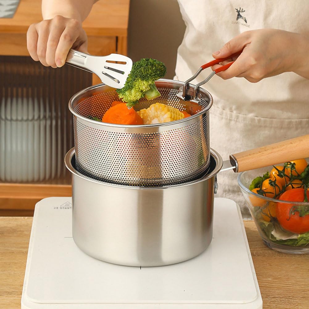 Fandian 304 Stainless Steel Fryer Pot with Basket, 2.5L Deep Fry Pot with Easy Grip Handle Food Grade Outdoor Fryer with Perforated Strainer Basket Cooking Tong Ideal for Seafood, Chicken