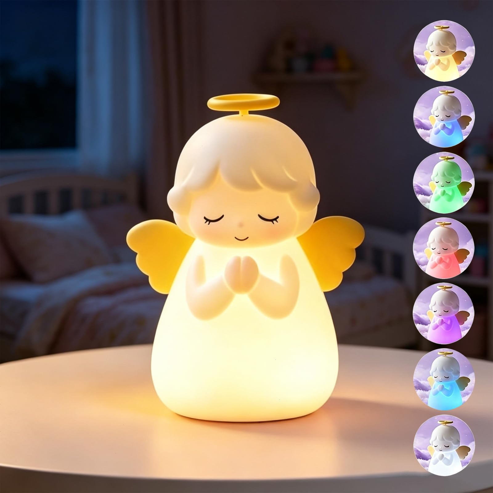 Luce notturna a forma di angelo per bambini, ricaricabile, 7 colori