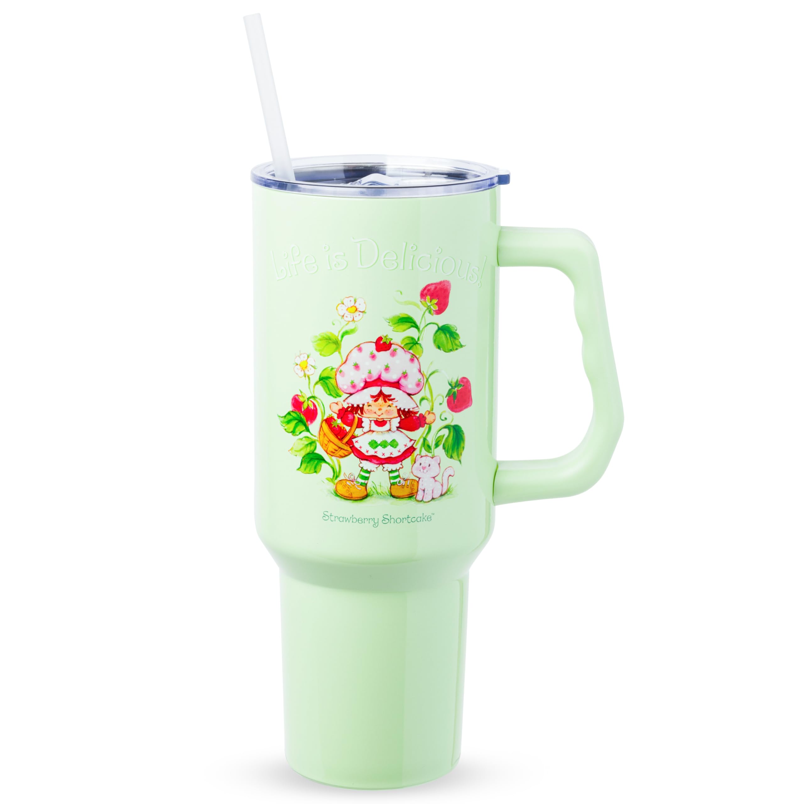 Silver Buffalo Strawberry Shortcake and Custard “Life is Delicious!” Double Walled Stainless Steel Tumbler with Handle, Fits in Standard Cup Holder, 40 Ounces