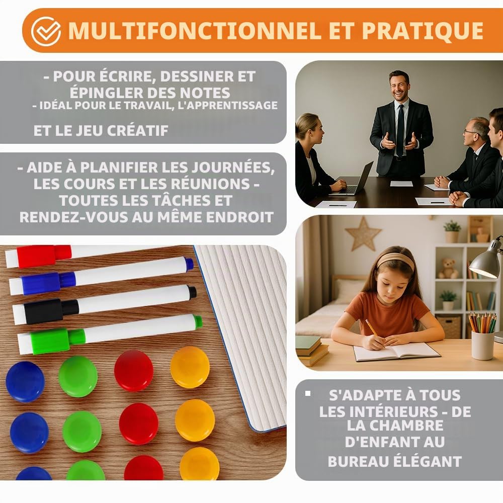 KRUMAD Tableau blanc magnétique 90 x 60 cm, avec 4 marqueurs pour tableau blanc et 12 aimants, tableau magnétique avec accessoires, tableau d'écriture effaçable avec cadre en métal, effaceur et 2