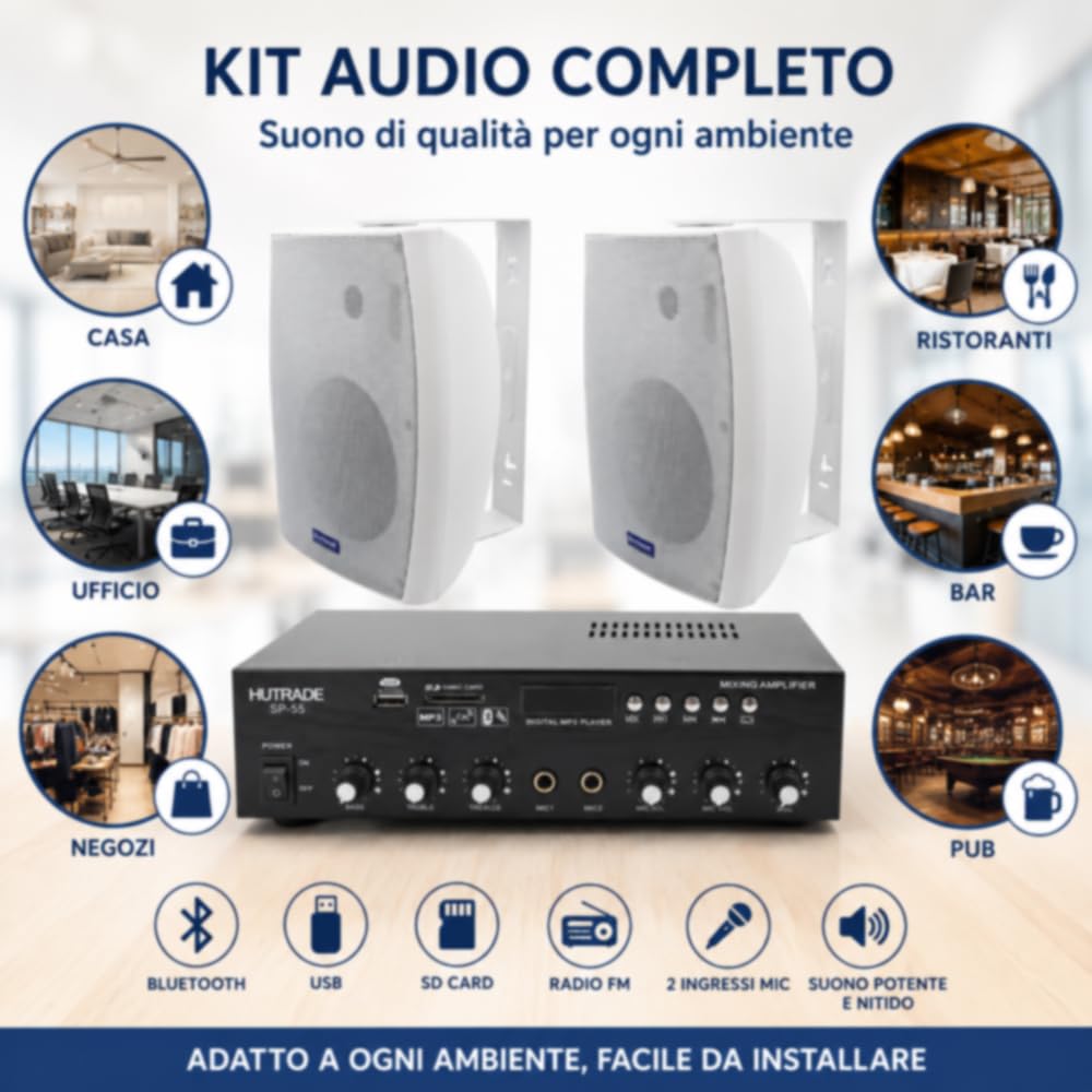 Vetrineinrete® Kit Audio Filodiffusione 120W con 2 Casse e Amplificatore | USB e TF/SD Integrati, Radio FM Inclusa, Montaggio a Parete, Ingresso Microfono/AUX, 40W RMS