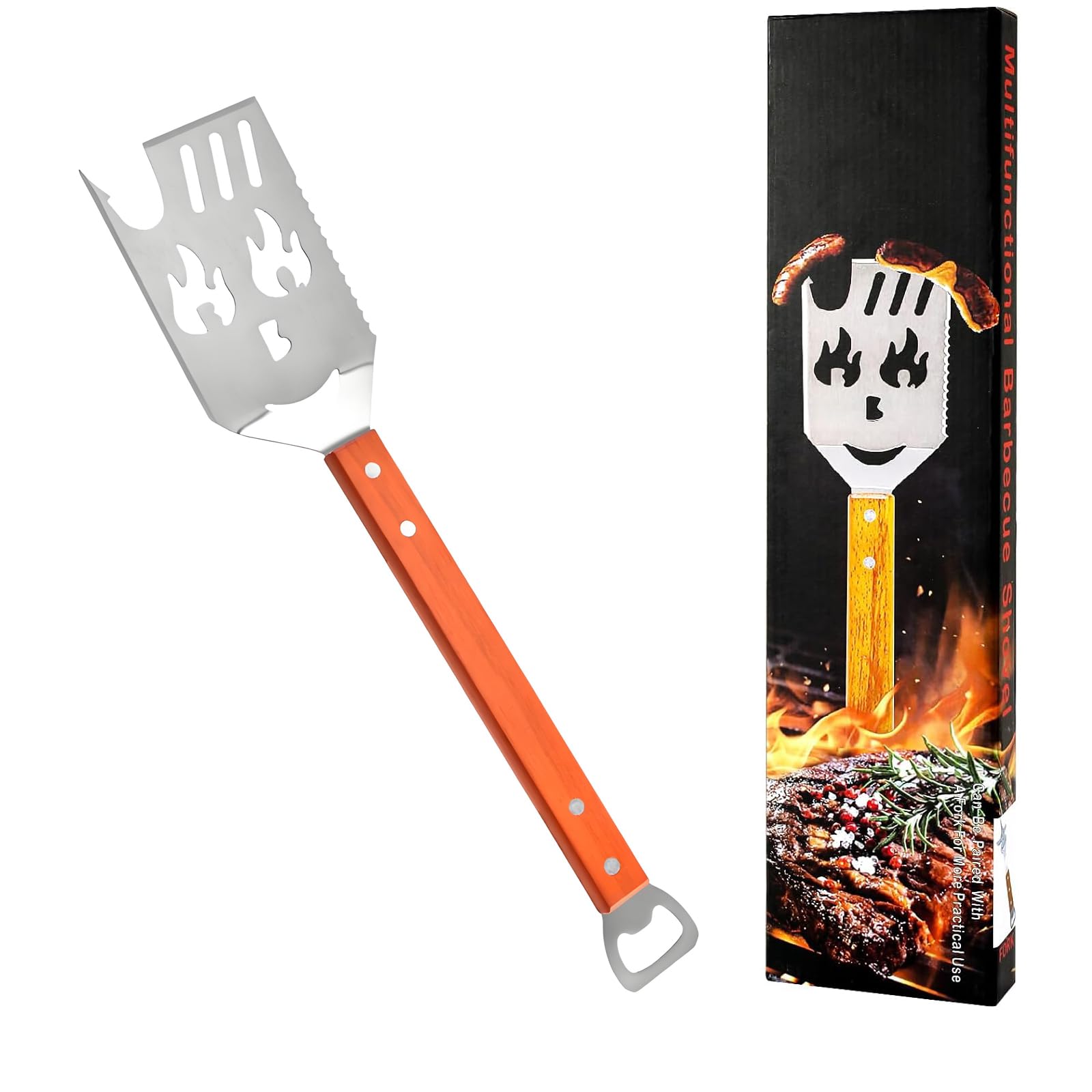 Spatola per barbecue 7 in 1 per barbecue con paletta da barbecue con design a fiamma, 42 cm, in acciaio inox, manico in legno, spatola multifunzione con apribottiglie