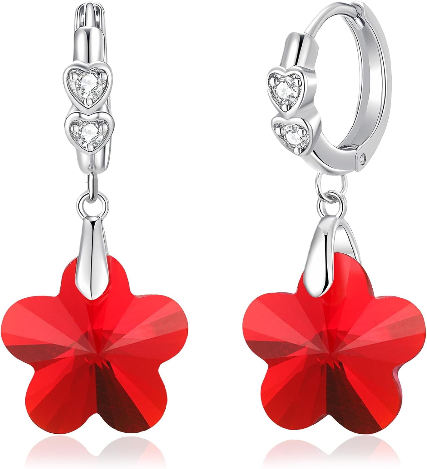 EVEVIC Trendy Austrian Crystal Flower Drop Leverback Earrings for Women 14k White Gold Plated Huggie Earring Hypoallergenic Jewelry Gift