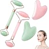 Green & Rose Quartz Jade Roller and Gua Sha Set,Roller & Gua Sha Set,Pink Jade Facial Massage Tools Gua Sha Stone for Anti-Aging & Skin Relaxation for Women Girls Men Neck/Body Use(4PCS)