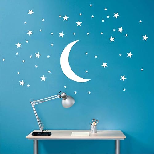 DXLING 50 estrellas y luna grande pegatinas de pared para habitación de niños Creative White Stars Baby Wall Wall Art Decor Mural D857 (Blanco)