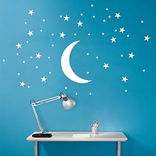 DXLING 50 Stars and Large Moon Wall Stickers for Kids Room Creative White Stars Baby Wall Decals Nursery Wall Art Decor Mural D857 (White)