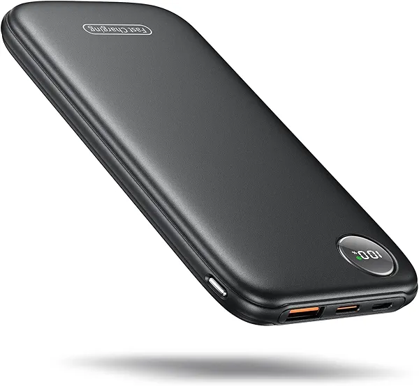 Powerbank Fast Charging Max 12V/4.5A, Ultra Slim Portable Charger USB C 10000mah, Travel Power Bank for iPhone 11 12 13 14 15 16 Samsung Android, DC Lightweight Battery Pack Phone Charger, Deep Black