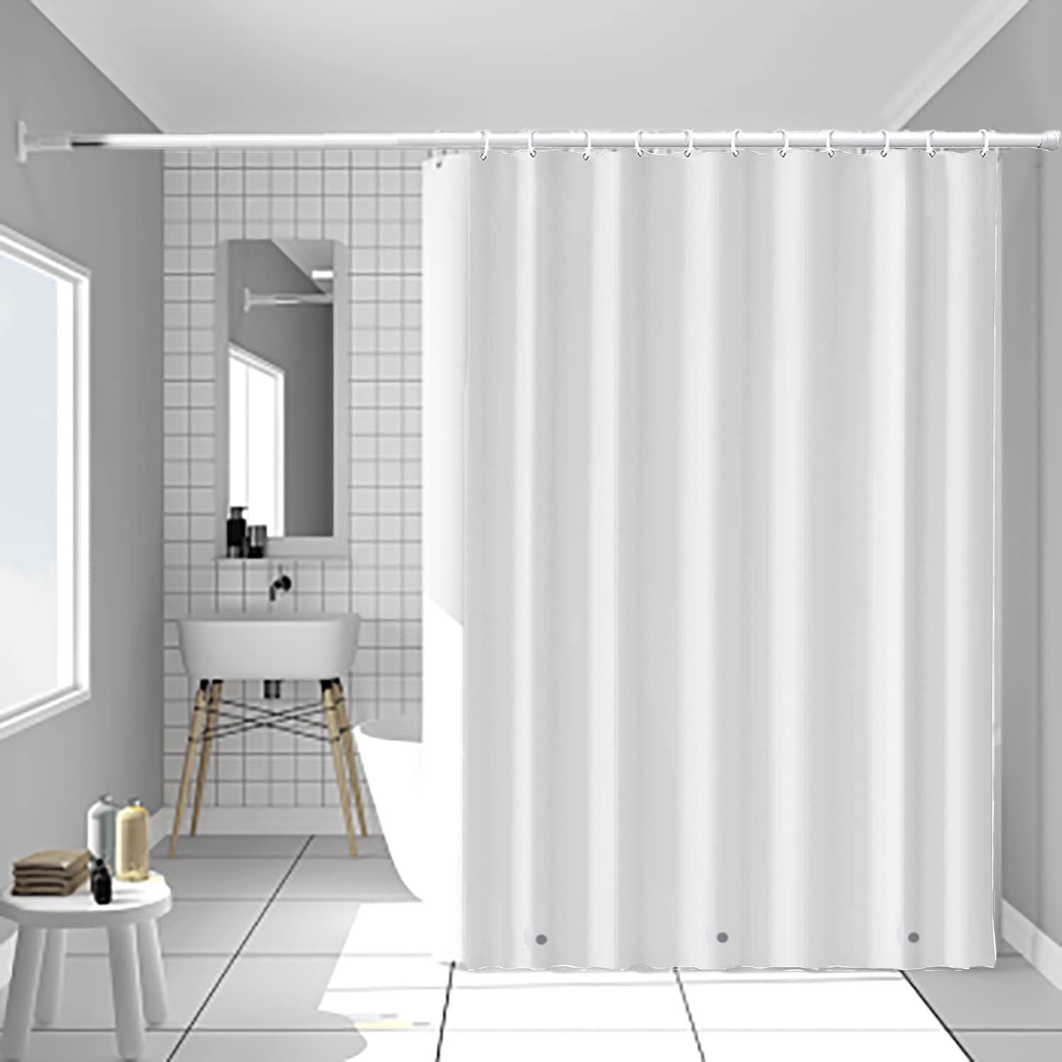 White Shower Curtain Liner 72 x 72, PEVA Waterproof Non-Toxic Odor Free 3G Shower Curtain, with 12 Grommets Holes 3 Heavy Duty Magnetic Weights, Gift 12 Hooks (White)