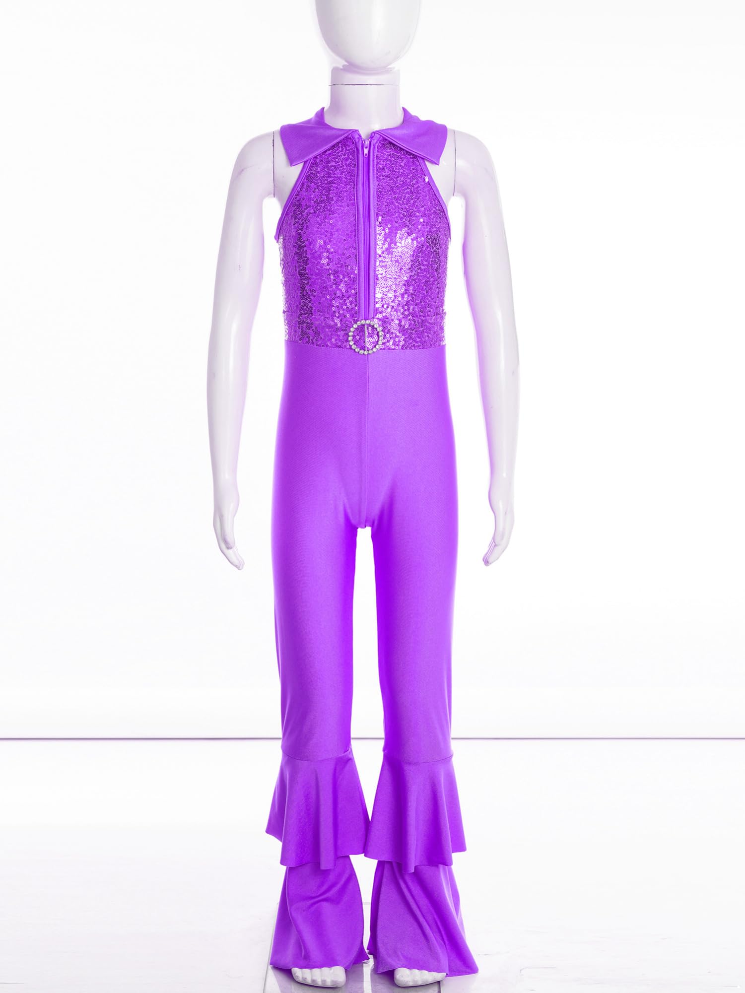 IEFIEL Mono de Danza Ballet para Niña Maillot de Gimnasia Rítmica Mono Lentejuelas con Media Cremallera y Pantalones Acampanados Disfraz de Baile 5-14 Años
