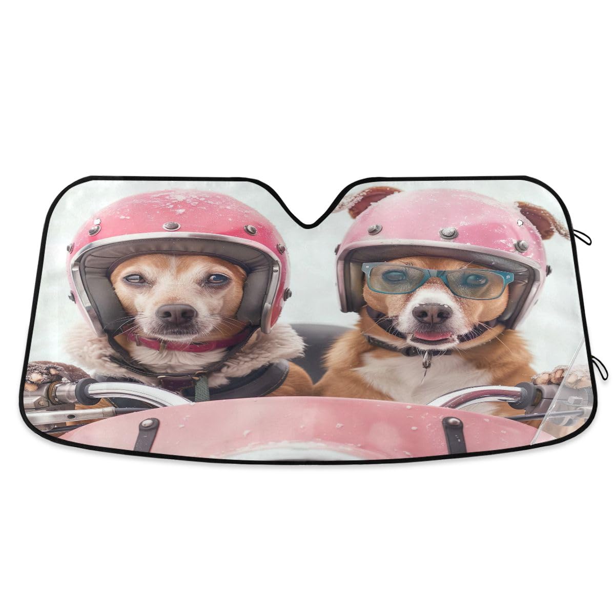 Parasol para coche, dos perros divertidos, conduciendo motocicleta, acordeón, plegable, parasol para parabrisas delantero, reflector solar, bloquea los rayos UV y mantiene tu vehículo fresco, 53 x